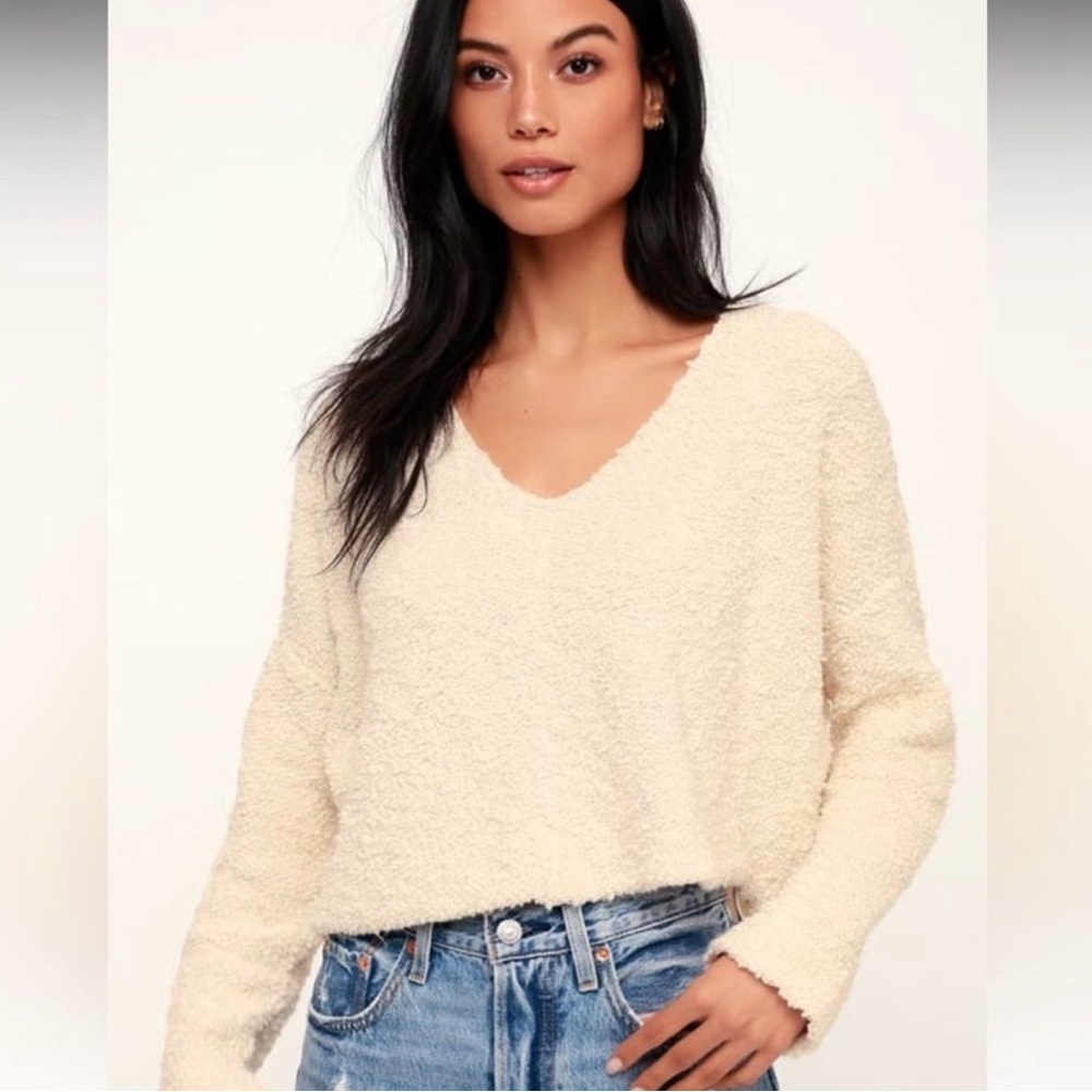 Free People‎ Ivory Popcorn Pullover Textured V-Neck Knit Sweater Women’s XS